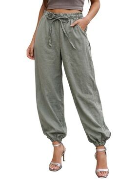 H&M Women’s Sage Green Drawstring Satin Silky Jogger Pants With Lace Hem XS